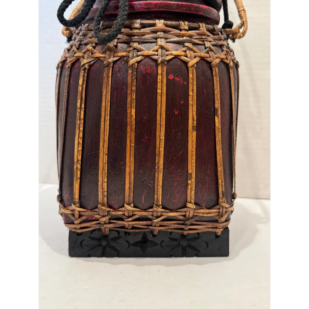 Thai Rice Basket Decorative Woven Bamboo Wood Red Black Bohemian Handcrafted